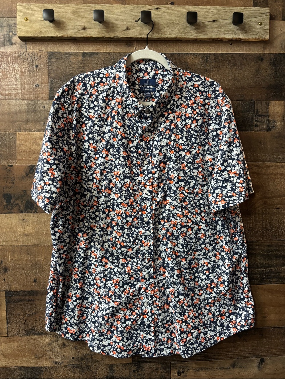 George Men's Short Sleeve Button-Down Floral Shirt - Navy, Orange & White